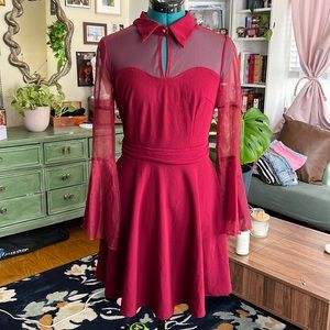 Maroon bell sleeve mesh collared dress small